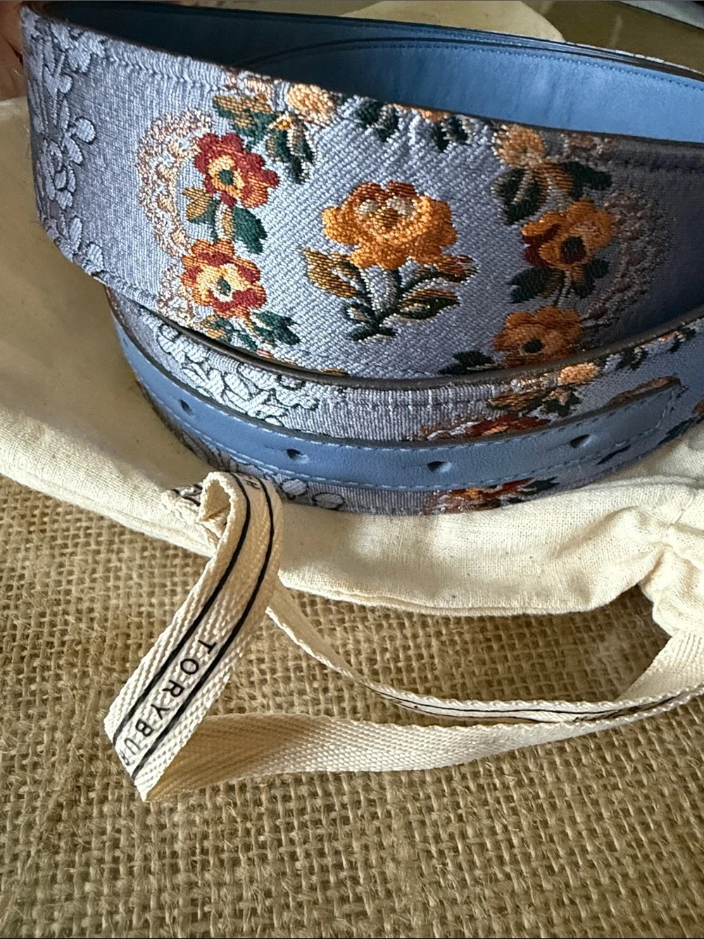 Rare TORY BURCH Eleanor Brocade Crystal Jewel Embellished Belt in Sea Frost Blue